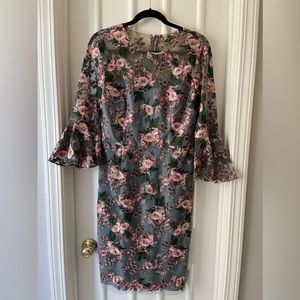 David Meister Floral Lined Bell Sleeve Dress